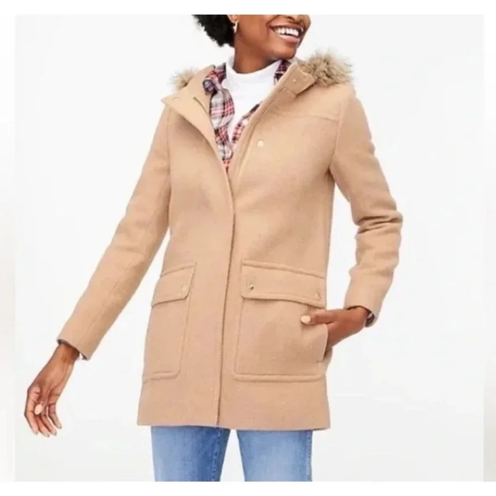 J.CREW Vail Faux Fur Parka Coat Hooded Peacoat Grey Classic Preppy Twee - Picture 2 of 11